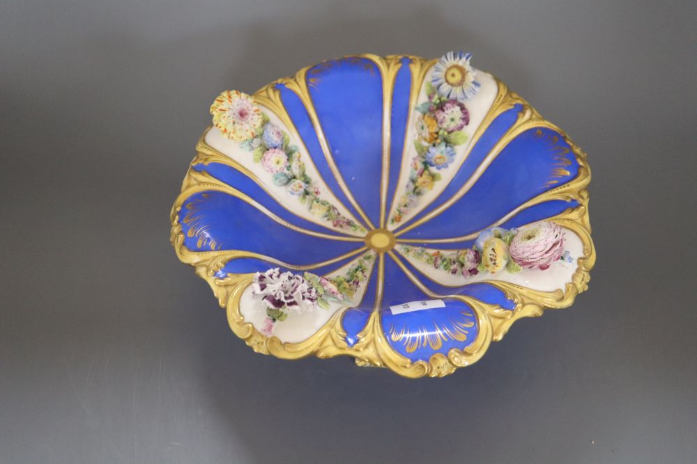 A Victorian porcelain floral encrusted pedestal dish, height 12cm